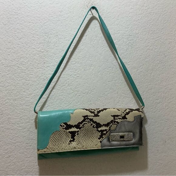 Python Snakeskin Tourquoise Rhinestone Leather purse shoulder clutch wristlet - Picture 2 of 11